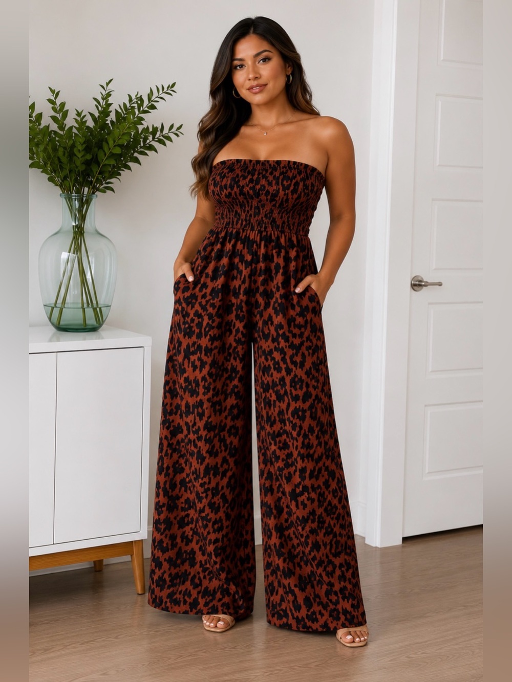 Strapless Leopard Print Wide Leg Jumpsuit Brown Black Smocked Boho | XL